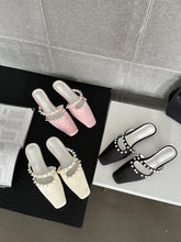LBSFY  - Square Toe Women Slippers Summer Outside Mules Shoes Black White Pink Pearl Design Casual Thick Mid Heels Party Pumps 35-39